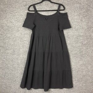 VINTAGE Dunes Cold Shoulder Midi Dress Medium Black Waffle Knit Tiered